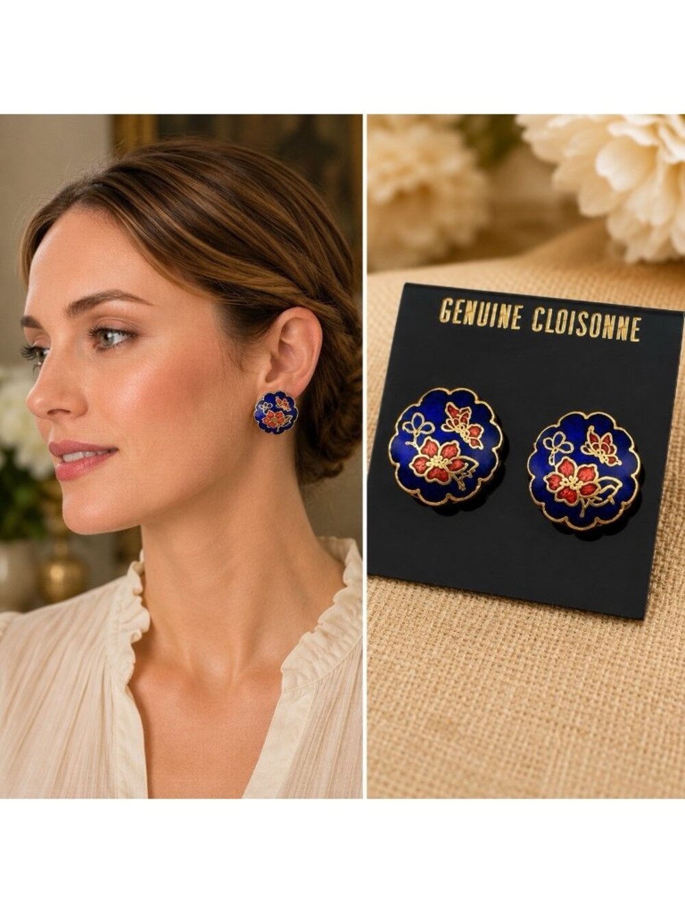 VTG Dainty Genuine Cloisonne Clip On Earring Blue Floral Butterfly Gold Tone NEW